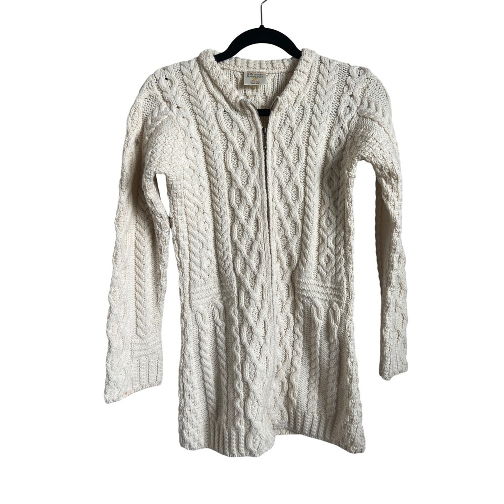 Kilronan Knitwear Merino Wool Cable Knit Full Zip Cardigan Sweater Cream XXS